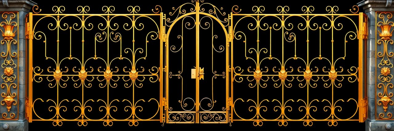 Elegant golden gate with intricate design for premium fence installation services.