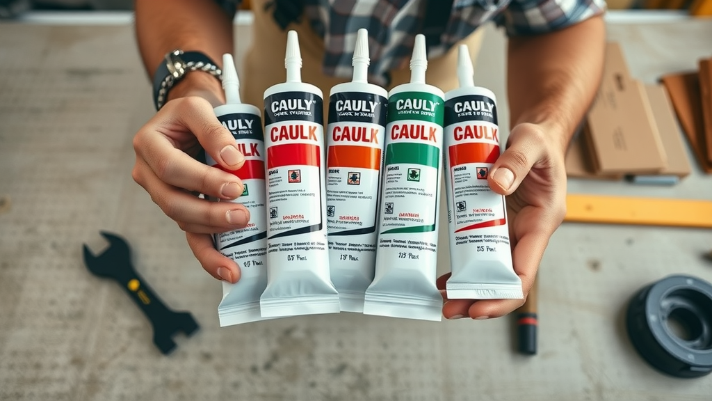Hands holding silicone caulk and other caulk types for diy home caulking projects on workbench