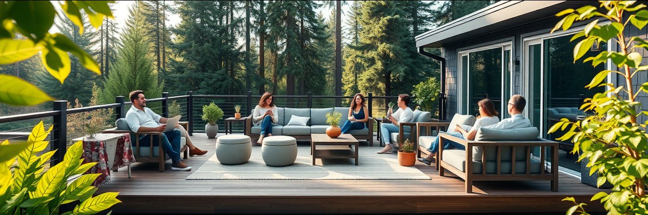 Elegant modern deck by Dynamic Decks, Inc. in Spokane WA surrounded by pines