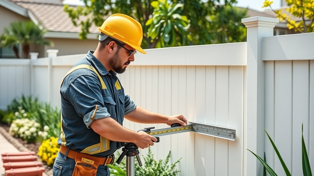 Professional contractor installing vinyl fence in Tarzana backyard