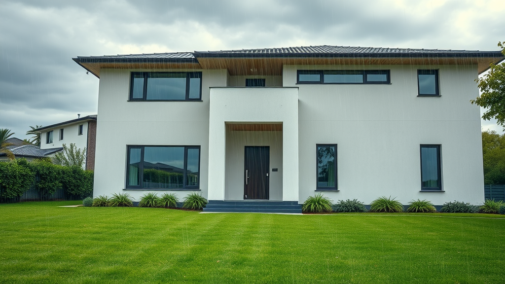 Modern home exterior with waterproofing coatings repelling heavy rain