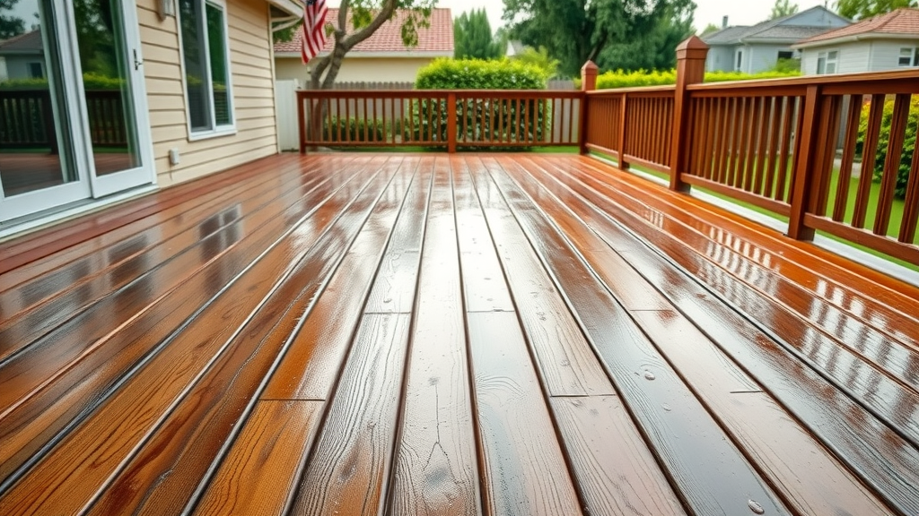 Freshly waterproofed deck in Paramount, CA backyard showing wood protection and beautiful landscaping.