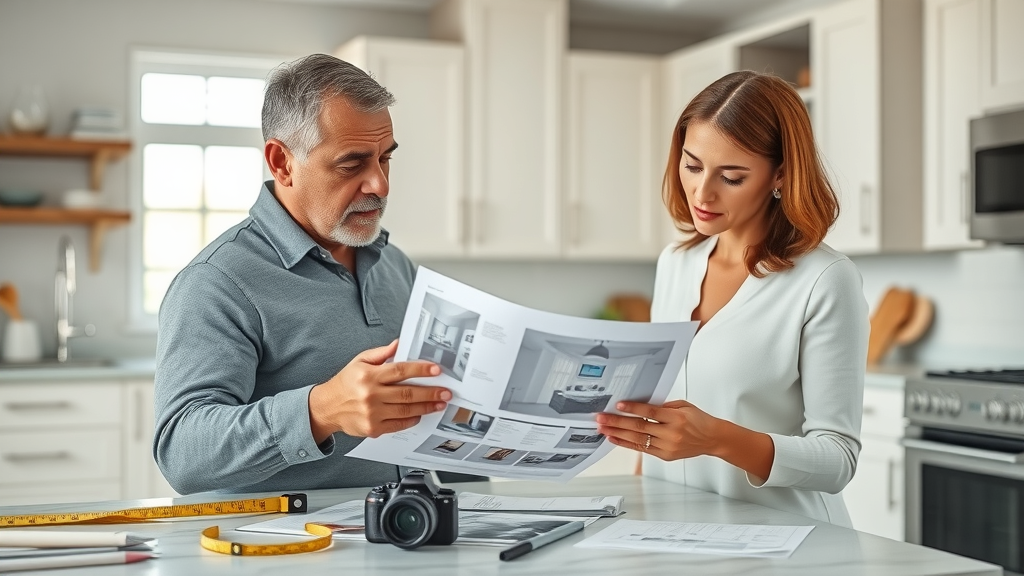 Homeowner reviews Austin TX kitchen remodel plans with design expert.
