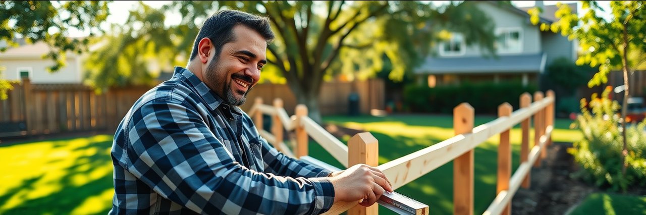 Professional fence contractor in Fresno, California measuring a new wooden fence.