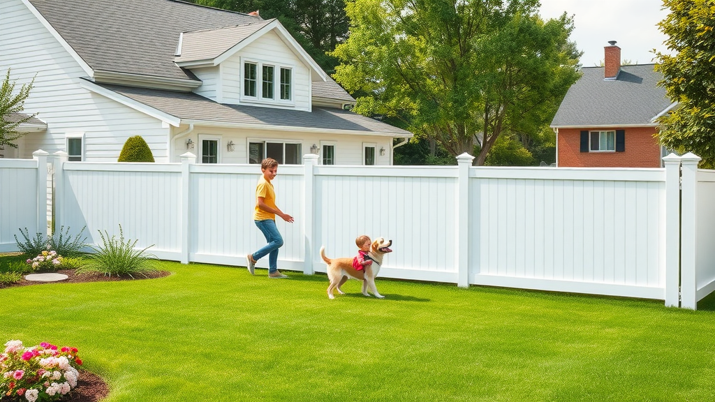 Modern home with vinyl fence benefits, safe yard, and happy family outdoors