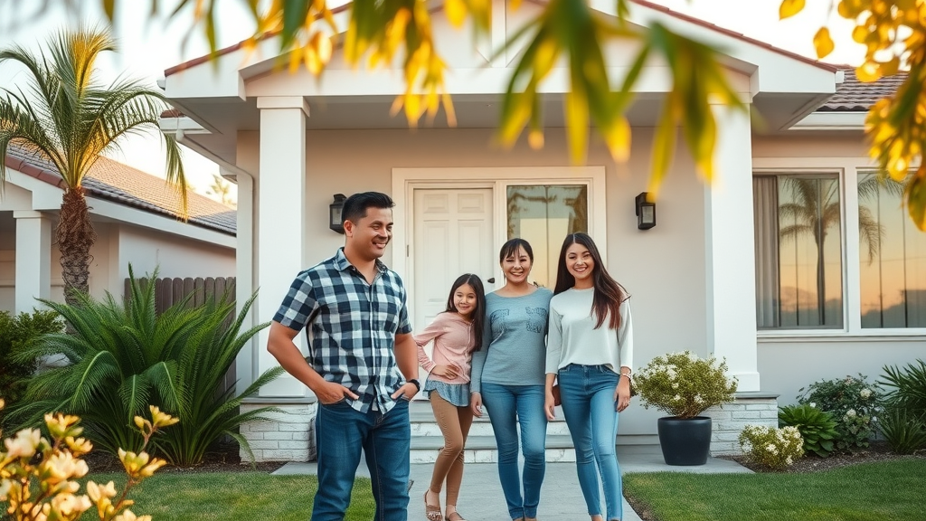 Happy family at remodeled Fresno home entrance by top remodeling company