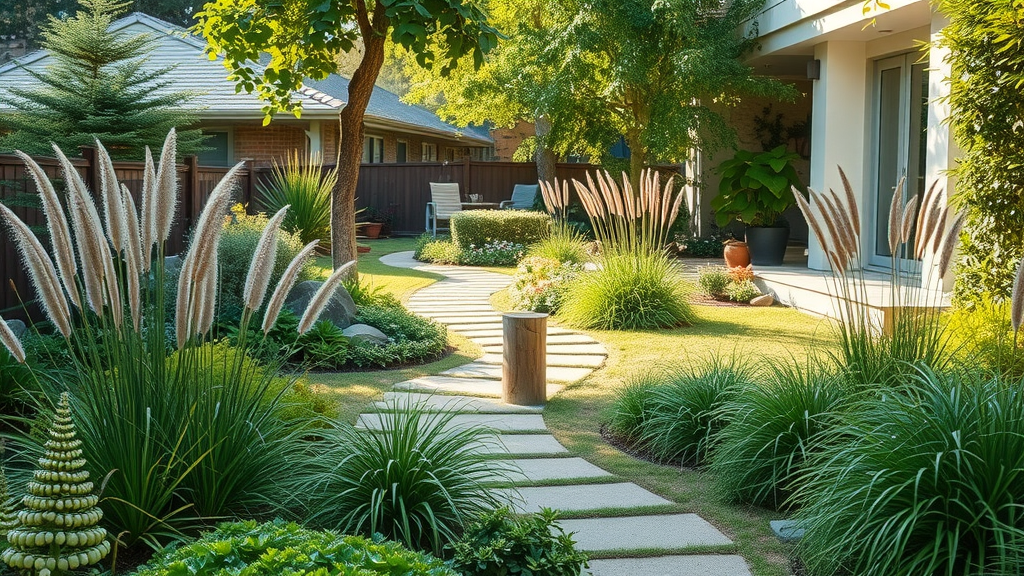 lush eco-friendly backyard sustainable low-maintenance landscaping with native plants and permeable pathways