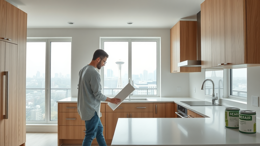 Painter from Seattle, WA painting kitchen cabinets in natural light.