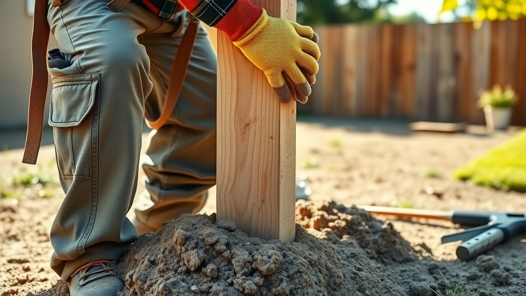 Sacramento fence installer expertly securing a wooden post in a sunny yard