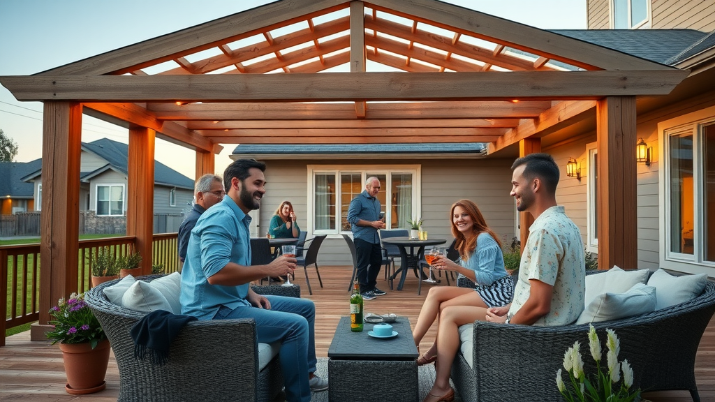 Custom pergola and deck by Dynamic Decks Inc. Spokane Washington, couple hosting guests