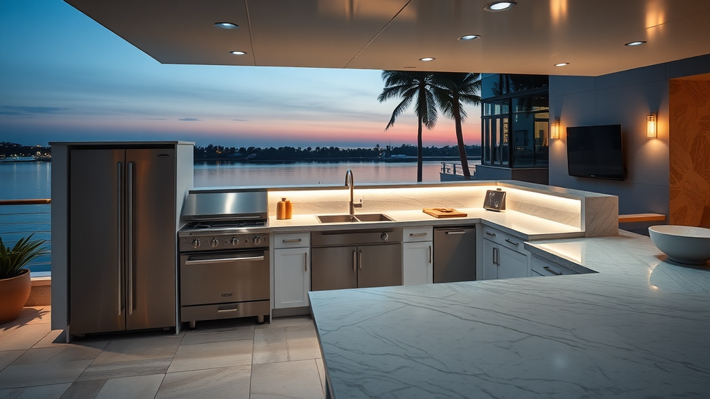 sleek modern outdoor kitchen with stainless steel appliances, elegant kitchen ideas for outdoor kitchens, waterfront backyard patio, outdoor kitchen design