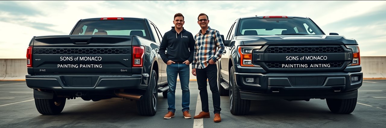 Professional painters with black trucks displaying Sons of Monaco Painting branding