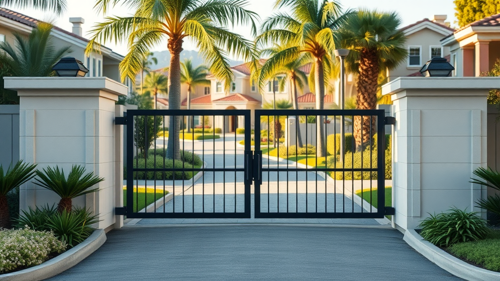 inviting residential gated entrance with modern automatic gate partially open in Vista neighborhood