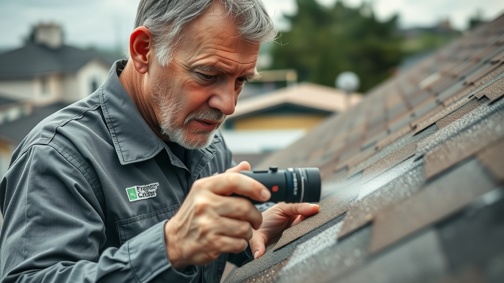 Expert roofer inspecting roof close-up for Dallas, Texas roof replacement project