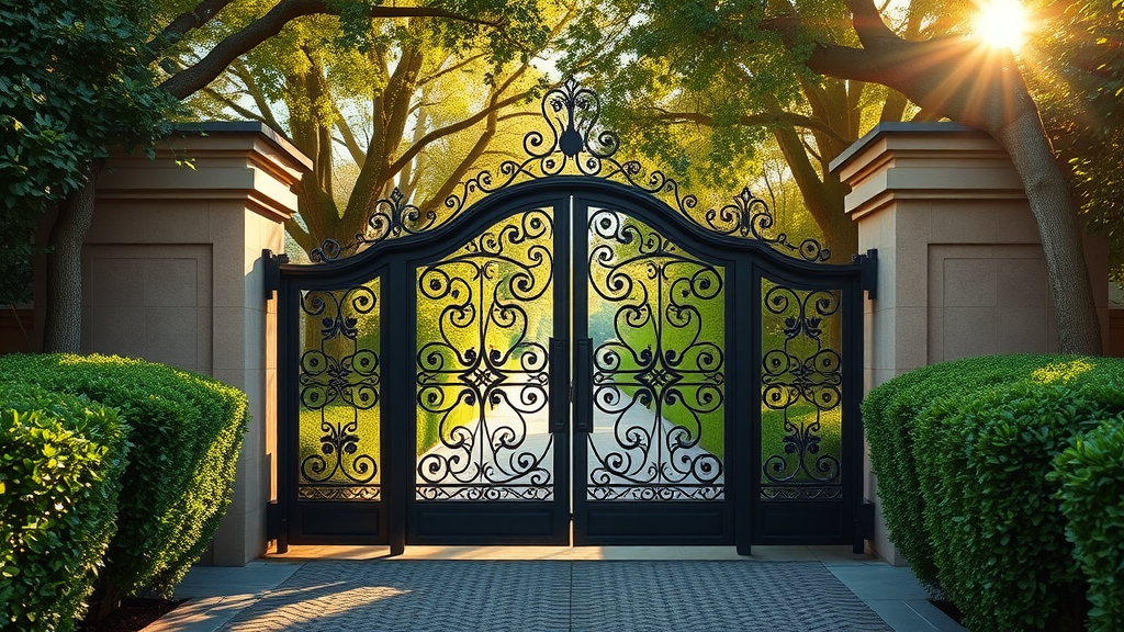 Restored wrought iron automatic gate at Palo Alto estate, secure and elegant entryway.