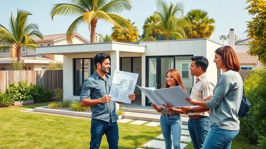 ADU contractor in Los Angeles, California consulting with homeowners beside modern backyard ADU