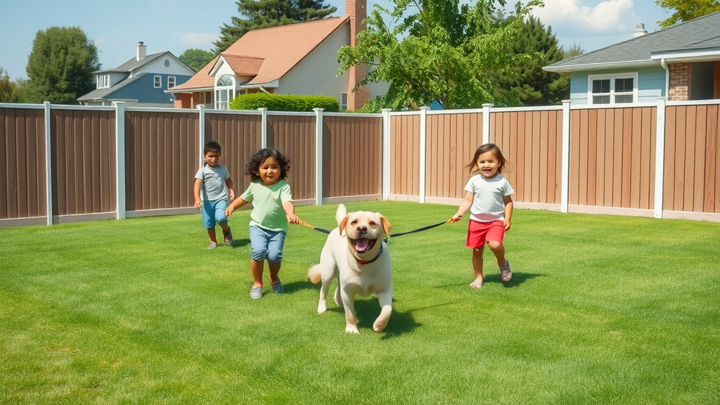 Family and pets protected by strong aluminum fence with warranty coverage