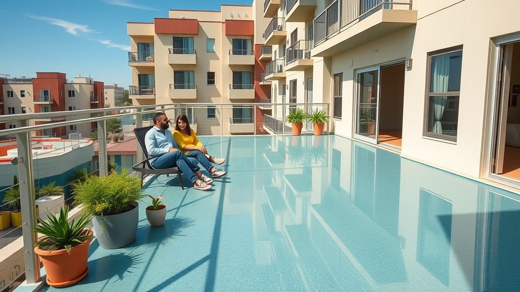 Waterproofed apartment deck in Paramount, CA with protective finish, families enjoying outdoor space.