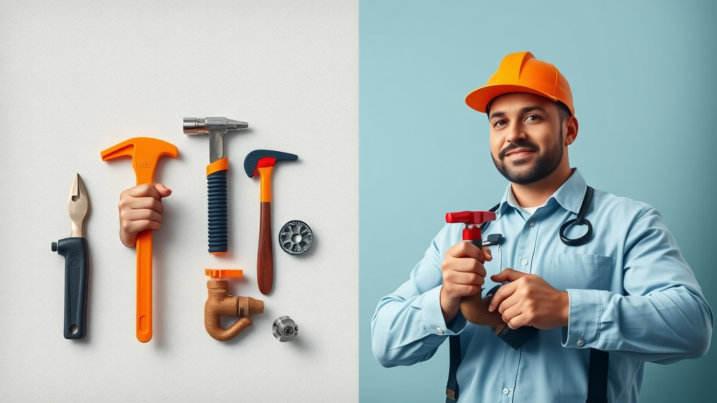 DIY plumbing vs professional infographic, tools and equipment comparison for plumbing repair
