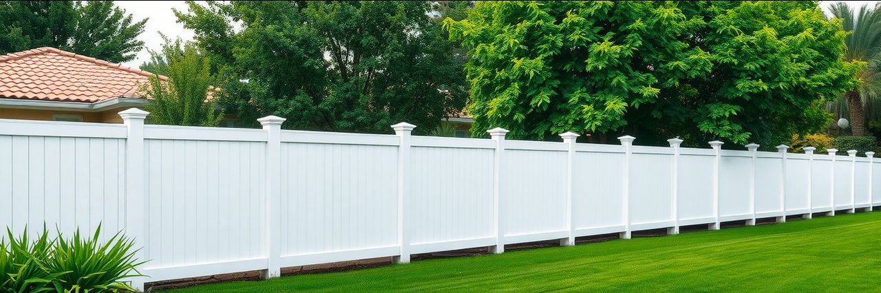 Clean white privacy fence in a suburban yard under soft daylight, aluminum fence warranty.