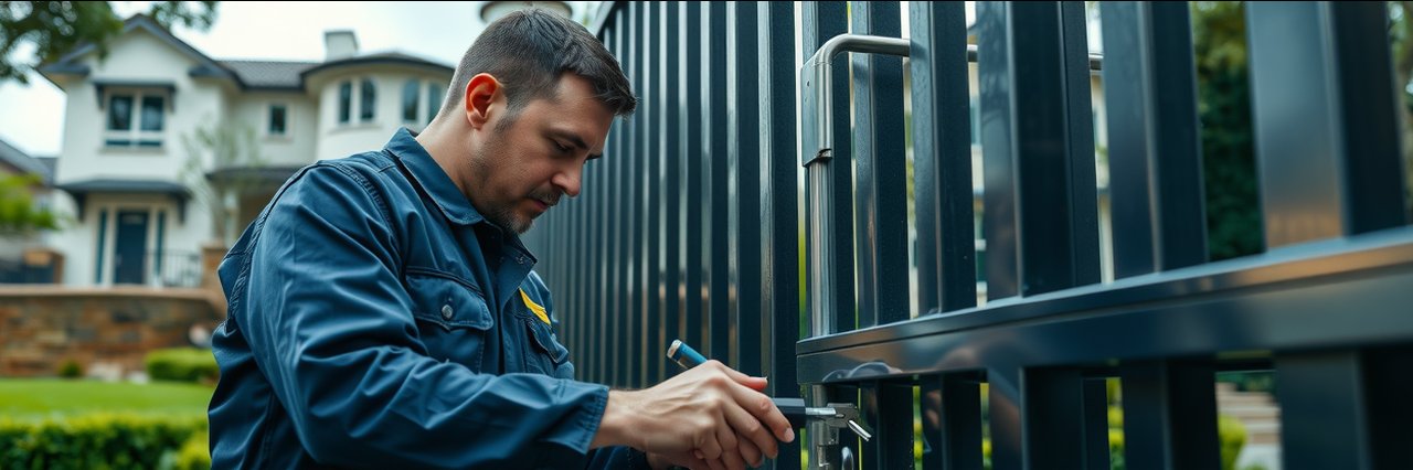 Technician repairing automatic gate installation in Palo Alto, California home