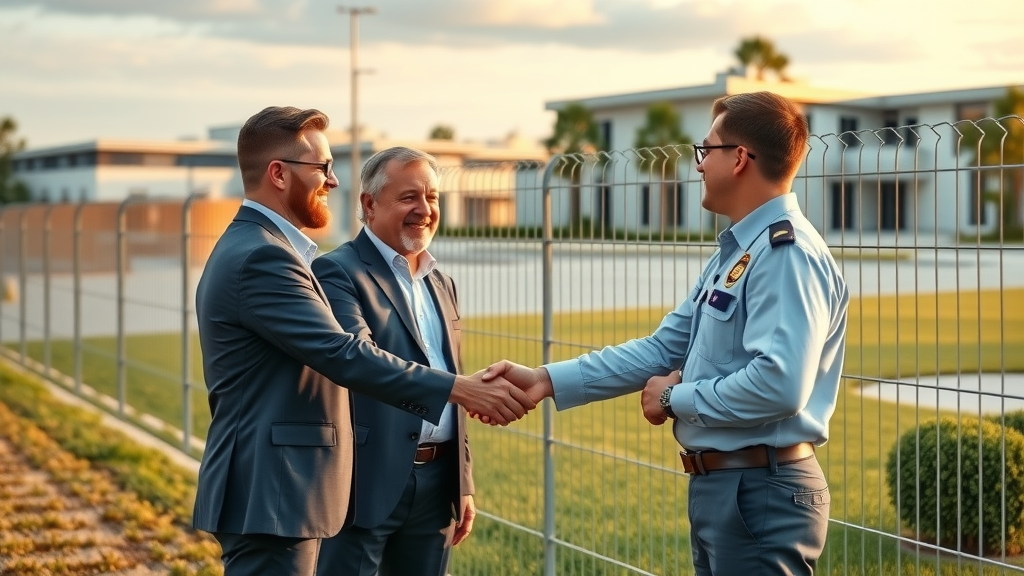 Business owners inspecting new commercial fencing solutions installation together