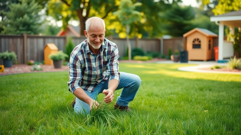 lawn care healthy green lawn vibrant suburban backyard homeowner inspecting grass tool shed garden beds