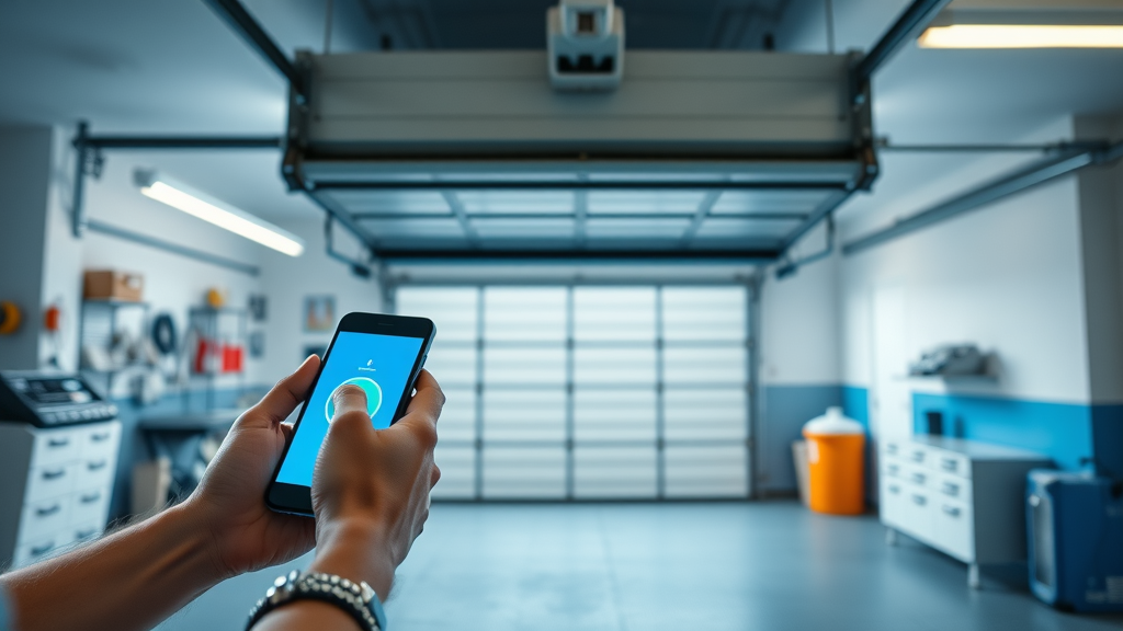 high-tech smart garage door opener system in a modern garage, person operating opener by smartphone, smart controls, residential garage doors security