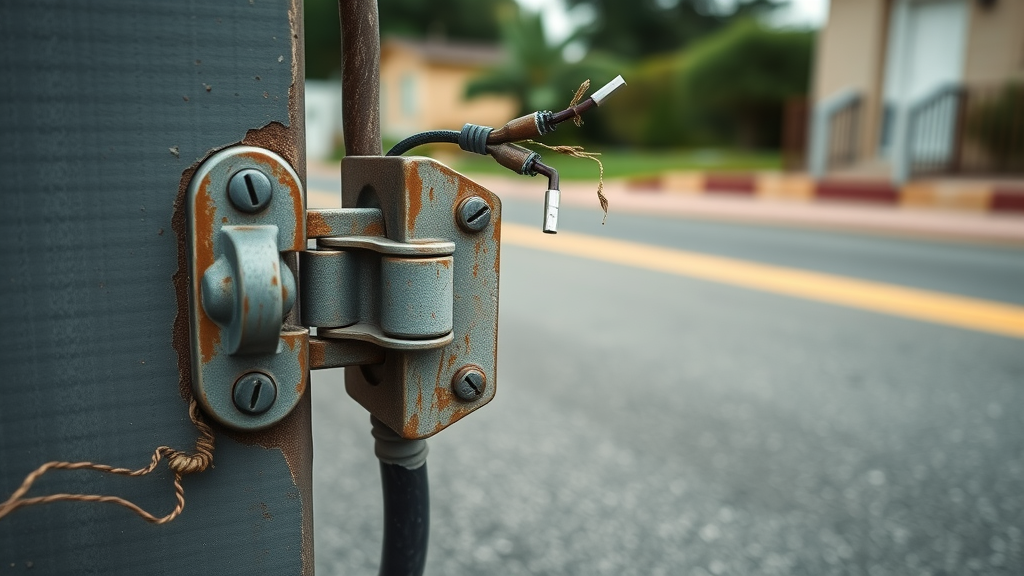 close up of worn mechanical hinge and exposed electric wires on automatic gate in Vista