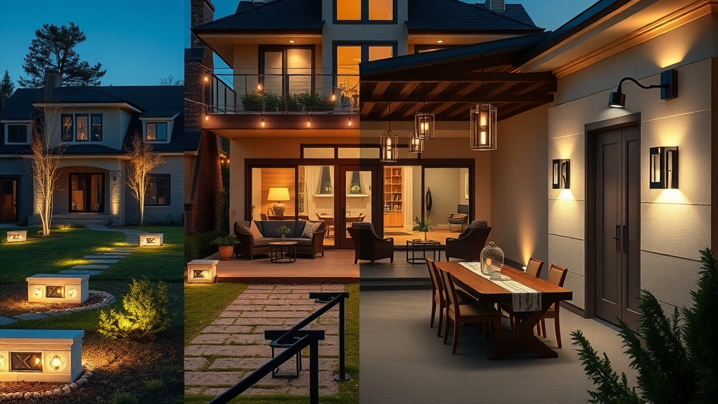comparison of modern outdoor lighting fixtures, path light, string lights, pendant light, wall lights for outdoor spaces