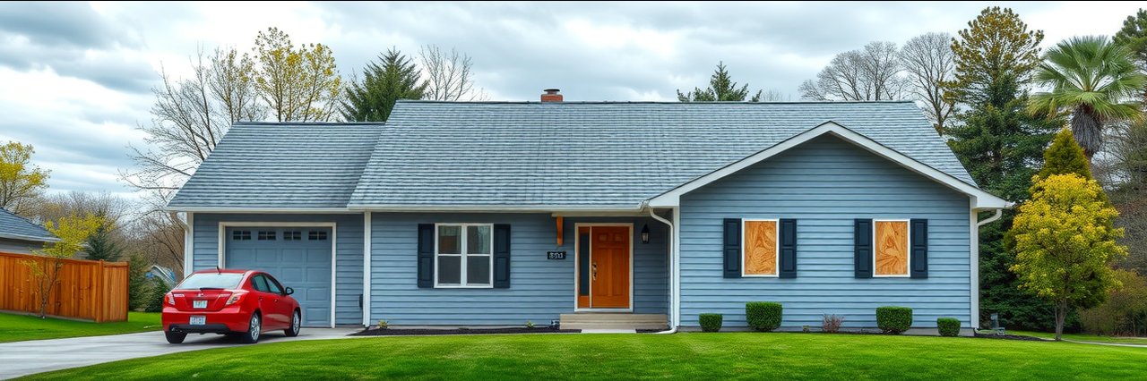 Suburban house roof inspection services with new shingles and boarded windows.
