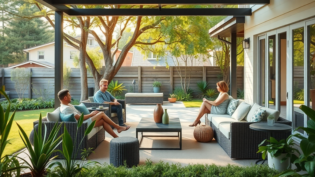 inviting modern outdoor patio with stylish furniture, serene backyard, and lush greenery, featuring high-quality outdoor furniture and patio conversation set