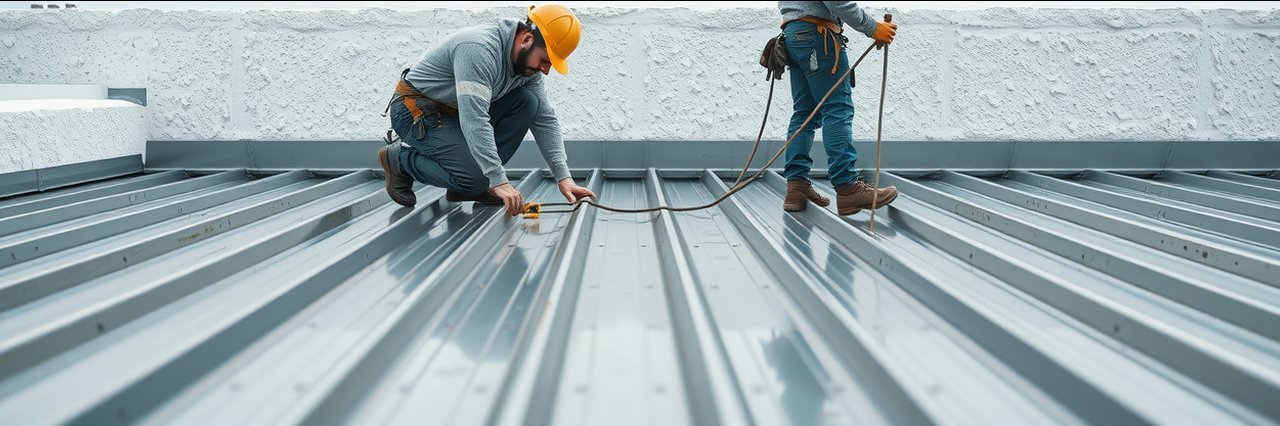 Workers performing annual roof maintenance on a modern metal rooftop