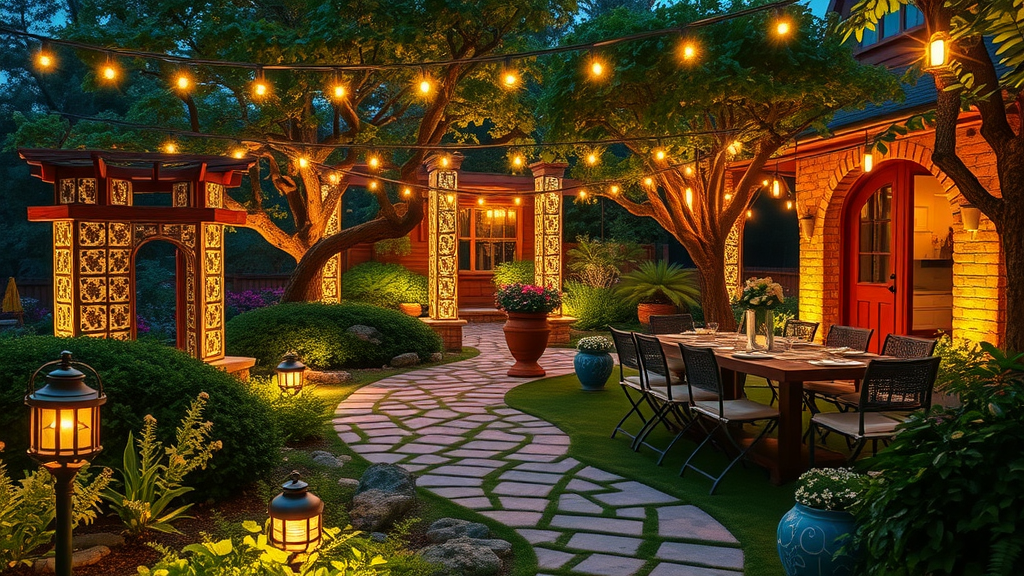 enchanting garden with solar path lights, string lights, pendant lights, creative outdoor lighting ideas