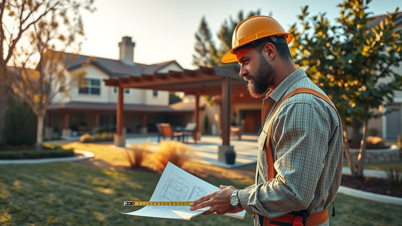 Contractor measuring for home improvement in West Sacramento backyard