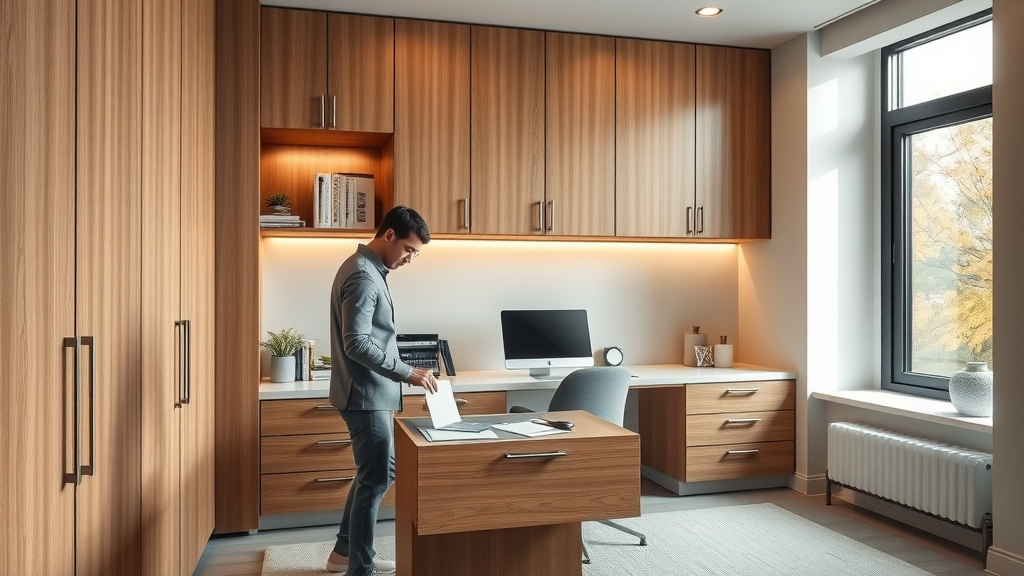 Modern home office with custom cabinets for clutter-free organization.