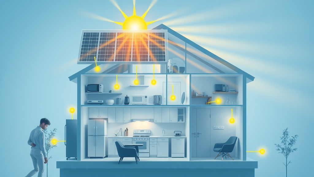 Cutaway diagram showing solar panels producing energy for home, inverter conversion, solar power flowing to appliances