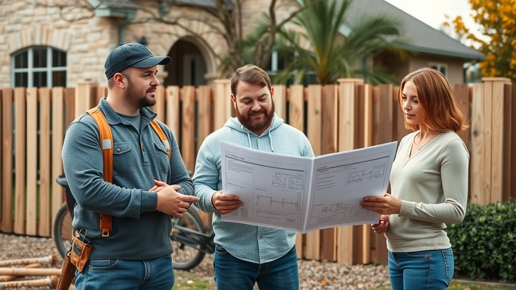 Austin fence installation team planning project by house and new fence
