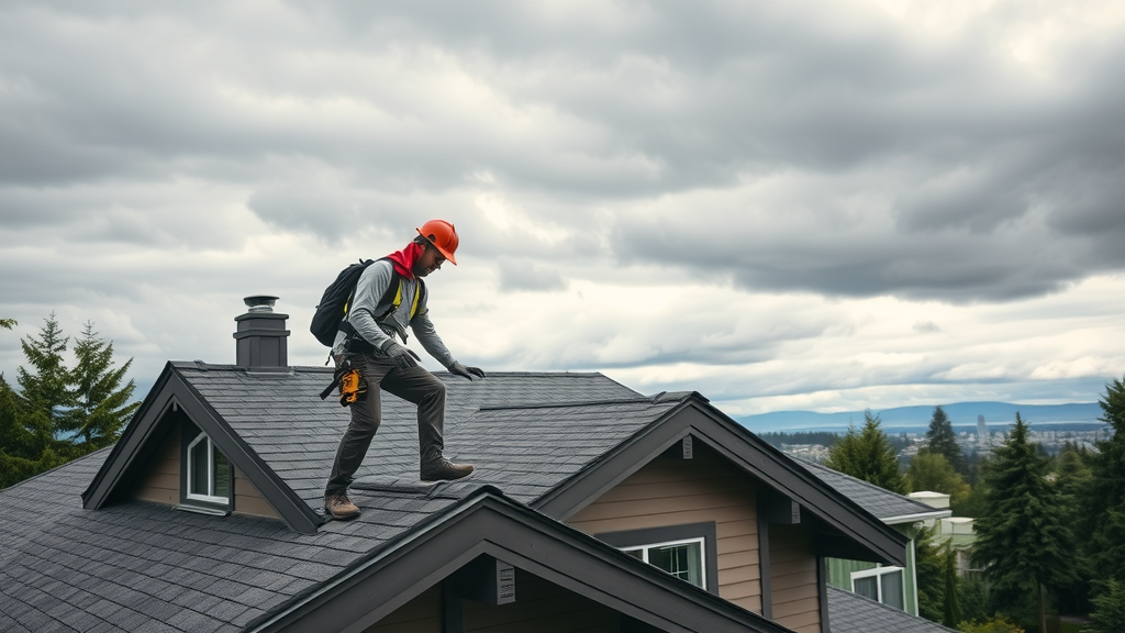 Professional roofer in Tukwila, WA inspecting modern home roof, lush background.