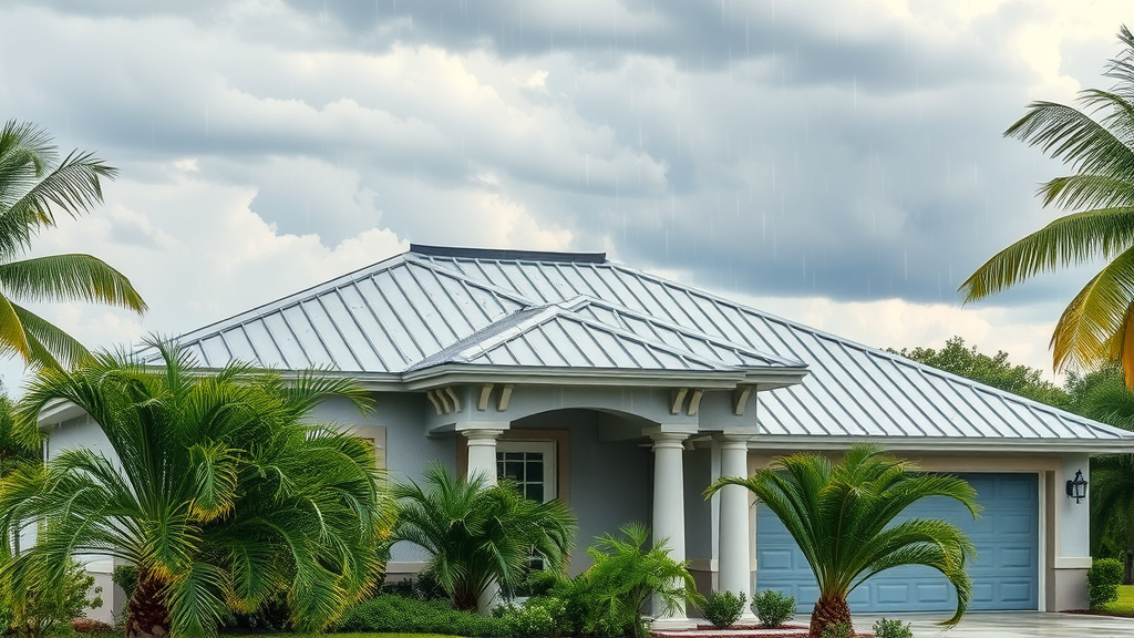Modern Florida home with new metal roof surrounded by palm trees after rain