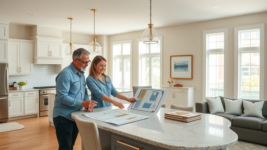 Homeowners discuss renovation plans with Fresno remodel experts in bright kitchen