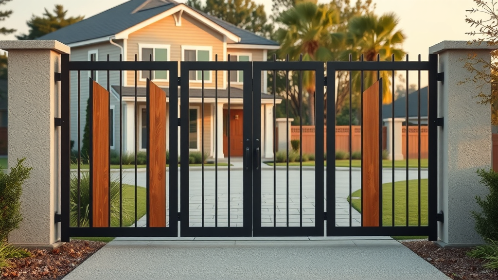 Modern secure gate installation repair at upscale residential home entry.