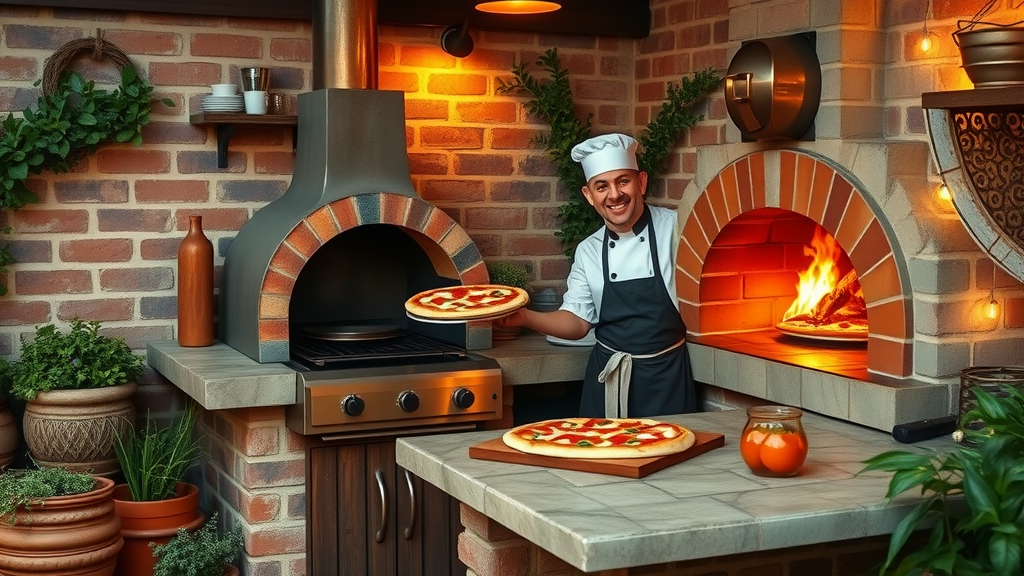 rustic grill island and pizza oven with chef, cozy outdoor kitchen, outdoor kitchens, potted herbs and brick, pizza oven outdoor kitchen ideas