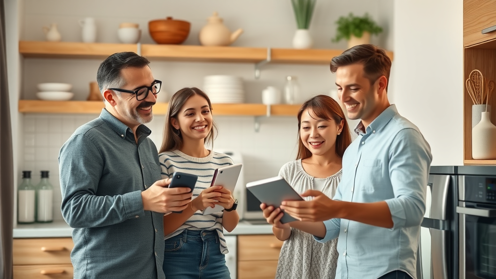 Family admiring spotless kitchen appliances after DIY home maintenance for appliances
