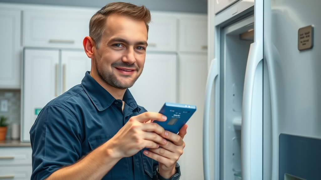 certified appliance repair technician using diagnostic tool to inspect refrigerator in modern kitchen