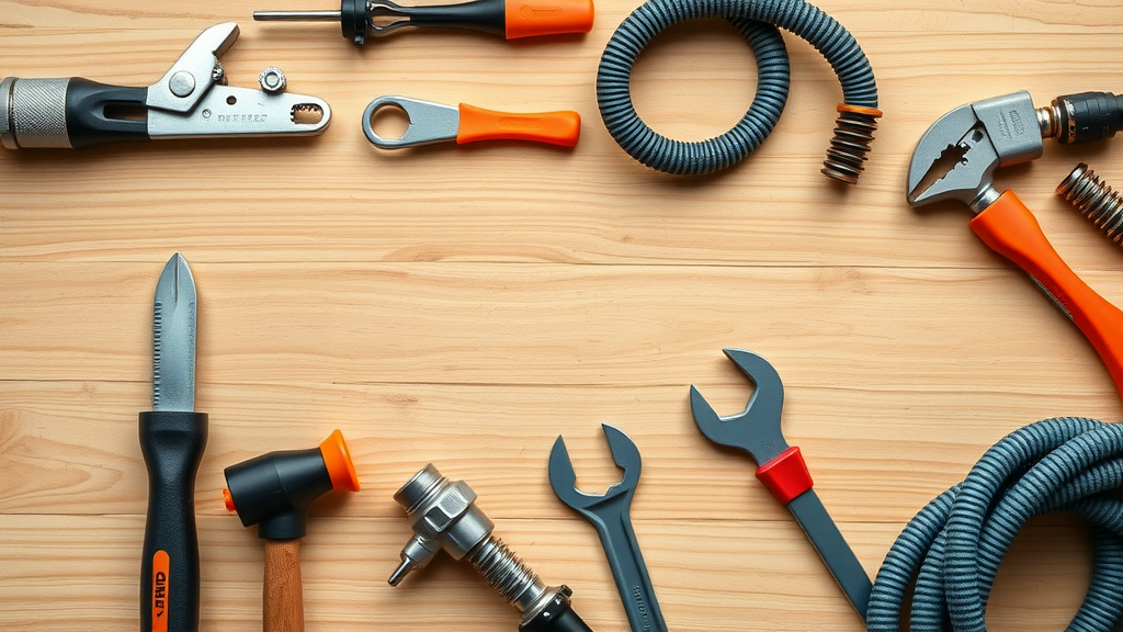 Flat lay of essential diy plumbing tools like pipe wrench, plunger, plumber
