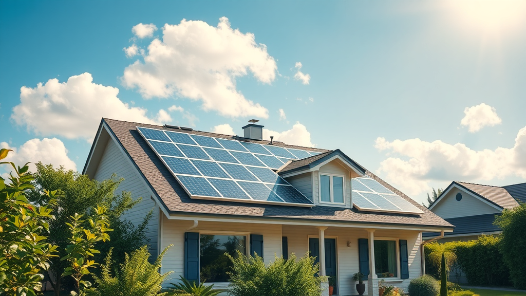 Modern suburban home with solar energy for homes, rooftop solar panels, sunny day, lush garden, blue sky