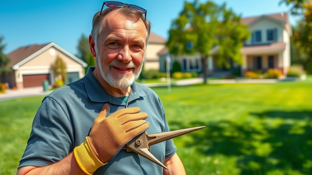 Confident homeowner after successful lawn aeration, holding aerator tool with lush green lawn in the background