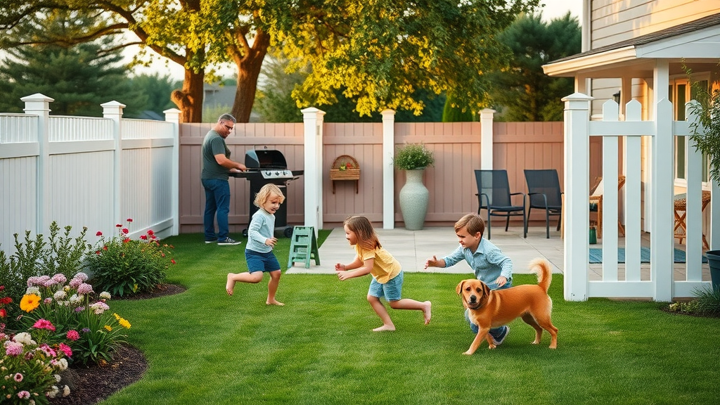 Vinyl fence benefits: Safe, stylish play space for kids and pets in sunny yard
