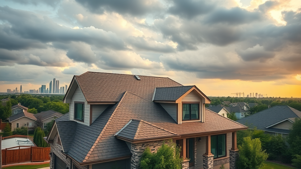 New roof on Dallas home with stormy skyline after roof replacement in Dallas, Texas